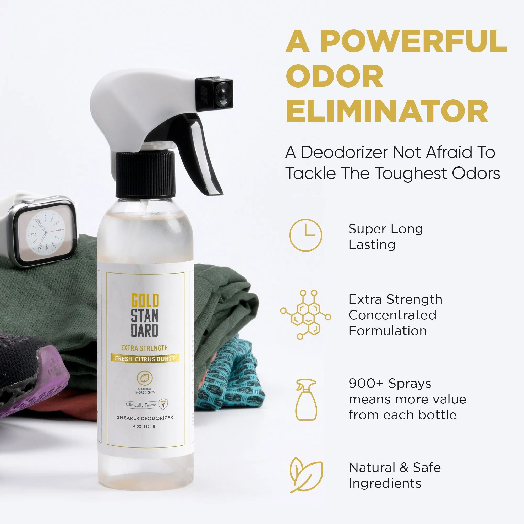 Gold Standard Natural Shoe Deodorizer Spray - 6 Oz. Shoe Odor Eliminator Spray - Shoes Smell Remover Provides Extra Strength & Long Lasting Fresh Citrus Burst - Shoe Odor Remover Spray