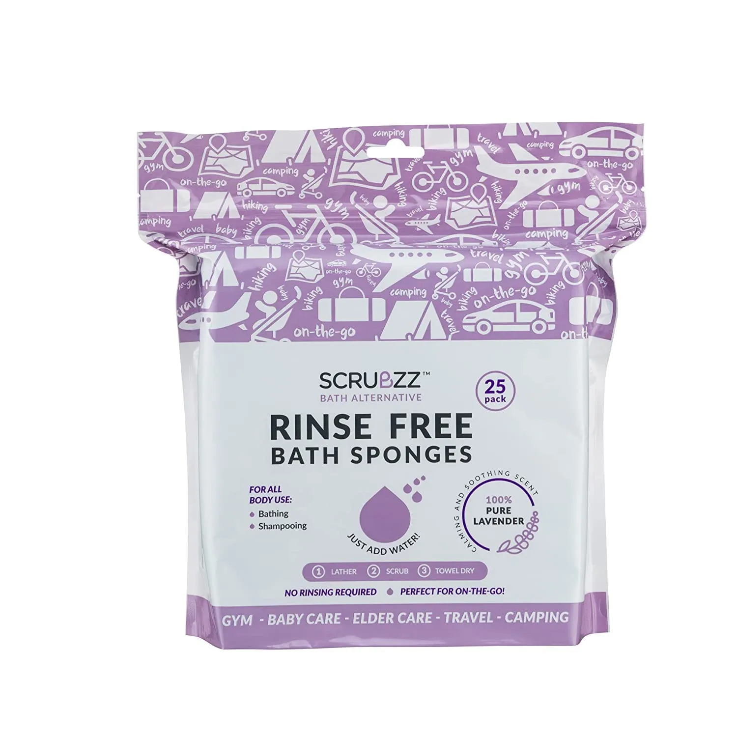 Scrubzz Lavender Scented No-Rinse Bathing Wipes - Disposable, All-in-1 Single Use Shower Wipes, 25-Pack - No Shampoo or Rinsing Required